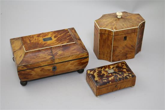 A 19th century tortoiseshell work box, a similar tea caddy and another small box, work box W. 7in.
